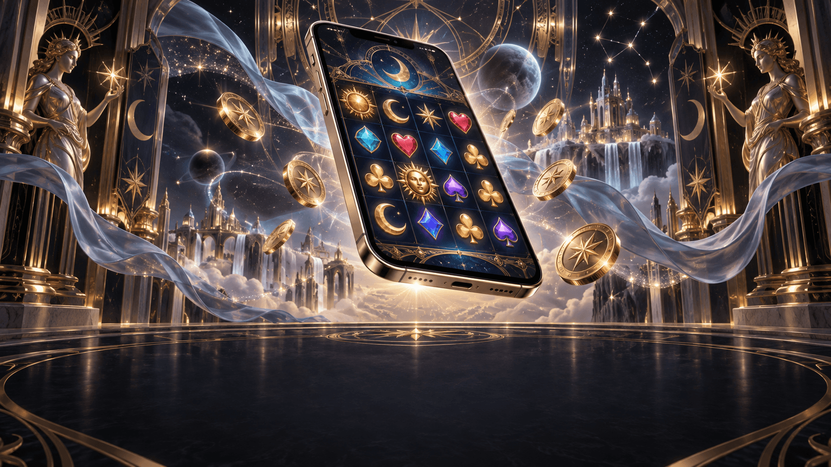 Lucky Spins Casino mobilgrensesnitt på smartphone med spillobby og kasse